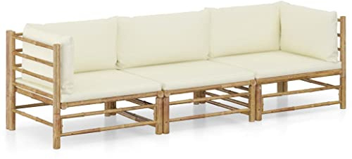 vidaXL Loungegrupp för trädgården med gräddvita dynor 3 delar bambu