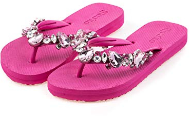 MOO´ILO Damen Sommer Zehentrenner Sandale 'Pink Pink' mit farbigen Strass Steinchen (handgestickt) - Ultraweiche Strandsandale mit natürlicher Barfußgefühl Spezial Sohle | EU40