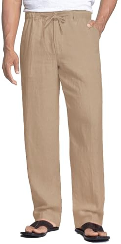 COOFANDY Pantalones Lino Hombre Verano Largos Casual Playa Pantalones Cintura Elástica Cordón Ligeros Marrón Claro-a M