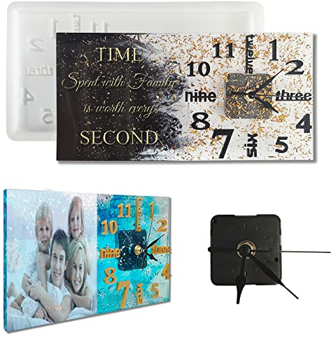 Tucocoo DIY Clock Molds Large Resin Molds,3D Arabic and English Numers Personalization Silicone Casting Epoxy Photo Display Stand Home Decor,1 Black Movement + 1 Include, 12 x 4 x 0.39inch