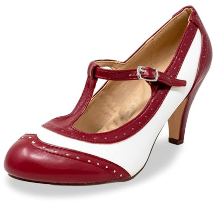 Women's Two Tones Wing Tips Retro Rockability 1950s Vintage T-Strap Pinup Style Pump Flapper by Chase + Chloe, Burgundy/White Comfort, 5 UK