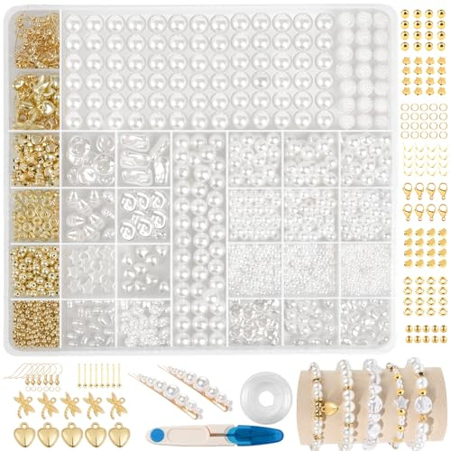 ARTESTAR Weiße Perlen zum Auffädeln,Armbänder Selber Machen,3/4/6/8/10/12 mm Weiss,Goldene Sperlen,Distanzperlen, SüßWasserperlen Auffädeln Armband Set DIY Machen Schmuckherstellung, CL060SJ