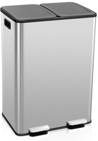 COSTWAY Poubelle Double Compartiments 2 x 30L, Poubelle Tri Selectif en Acier Inox, Anti-Empreinte, 2 Seaux Intérieurs en Plastique, Fermeture en Douceur, Casier pour Désodorisant