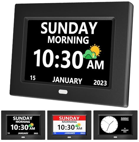 MRCHYDZ 7 Inch Clock with Day and Date for Elderly Large Display Digital Clocks 12 Alarms 3 Display Modes Large Font Alzheimer's Clock Alarm Clocks for Seniors Auto DST Black