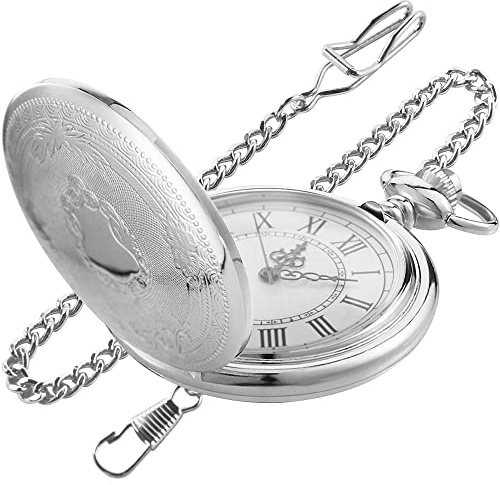 Tiong Silver Smooth Shield Pattern Pocket Watch White Roman Digital Scale Quartz Pocket Watches, Men's Pocket Watch with Chain Christmas Graduation Birthday Father's Day
