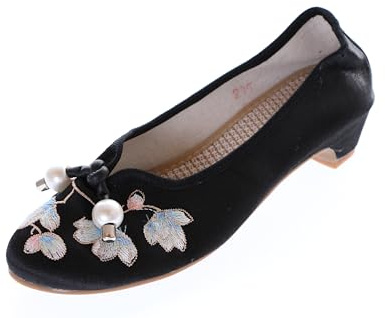 BJ-001 svarta blommor broderade vintage qipao hampau ballerina platt kinesisk fritid tyg skor tofflor pumps halkfria, svart, 41 EU Schmal