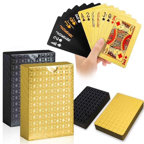 Wugauwor Wasserfest Spielkarten, Gold und Schwarz, Diamant Kunststoff Pokerkarten, Poker Kartendeck, Plastik Pokerkarten für Canasta Blackjack Texas Bridge, Kartenspiele für Erwachsene, 2 Decks