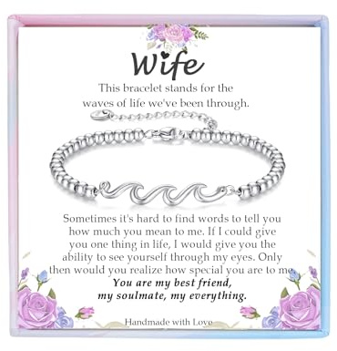 YBISNAIRE Wife Gifts for Wife from Husband, Silver Wave Bracelet Gift for Woman Birthday Gifts Ideas, The Waves of Life We've Through Together Gift for Christmas