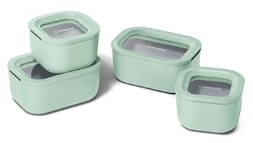 Caraway Mini Food Storage 9pc Set - Glass Storage Containers for Food - Non-Toxic Ceramic-Coated Glass - Air Release Technology - Compact & Stackable Design - Mist