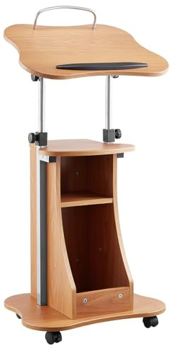 VEVOR Podiumständer Holzrednerpult (1,1 m), tragbarer Laptop-Schreibtisch mit feststellbaren Rädern & breiter Lesefläche & offenem Ablagebereich, höhenverstellbar für Vorträge/Präsentationen