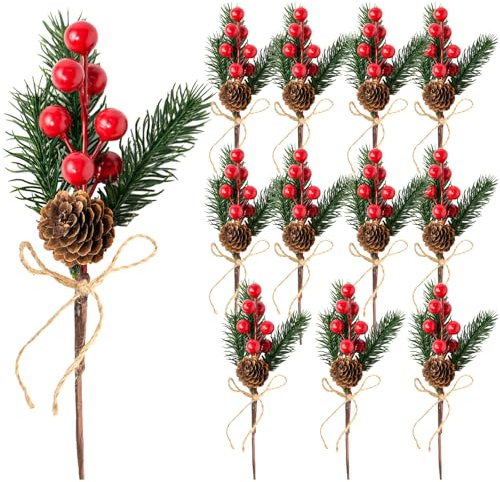 Fangoo 12Pcs 20cm Christmas Artificial Red Berry Pine Picks Natural Berry Pine Cones Fake Holly Stems Branches Decor for Christmas Tree Flower Wreath Decor Craft DIY Gift Floral Arrangements Wedding