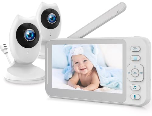 CAMWORLD Video Baby Monitor with 2 Cameras No WiFi, 4.3 Split-Screen Baby Monitor with Camera and Night Vision, Two-Way Audio, VOX Mode, Temperature Sensor, Lullabies, 1500mAh Battery