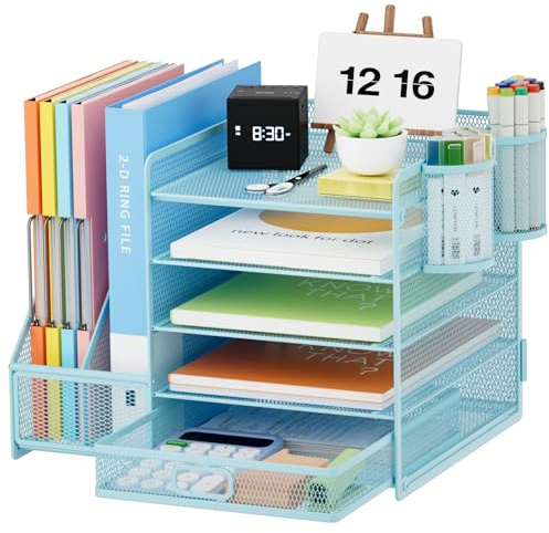 Marbrasse Schreibtisch Organizer mit Aktenhalter, 5 Ebenen Papier Briefablage mit Schublade und 2 Stiftehalter,Schreibtisch Netz Ablagefächer Organizer mit für Büro Bedarf (Blau)