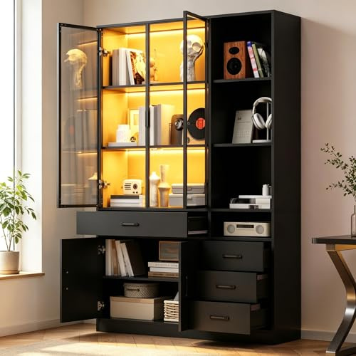 Kebnor Armario alto con vitrina de cristal y LED, estantería para libros con 13 zonas de almacenamiento, 4 cajones y puertas, armarios de almacenamiento, armarios de almacenamiento, adecuado para