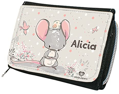 wolga-kreativ Personalisiertes Geldbeutel Kinder mit Namen - Portemonnaie für Mädchen oder Junge mit Maus Motiv - Geldbeutel Mädchen Junge Kinder Geschenk mit Namen
