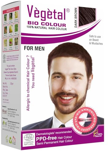 Vegetal Bio Colour - Experience Dark Brown Beard Hair Color for Men, Ammonia-Free, PPD-Free, 100% Organic, and Herbal, Safe and Effective Beard Dye, Complete Kit Included 25g