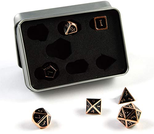 shibby 7 polyedrische Metall-Würfel für Rollen- und Tabletopspiele in Steampunk Kupfer-Schwarz-Optik inkl. Aufbewahrungsbox