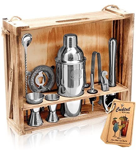 PAVOCI Cocktail Making Set – 11-Piece Cocktail Shakers Bartender Kit – Premium Stainless Steel Cocktail Maker with Wooden Stand and Accessories – Ideal Bar Tools, Kitchen, Professional Use