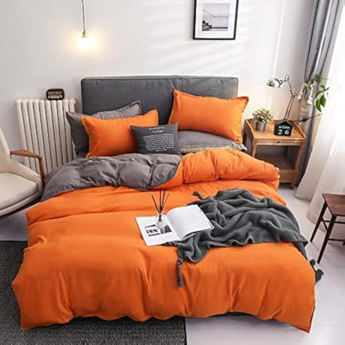 Damier Parure de lit 220×240 cm Orange Gris Ensemble de draps réversibles 3 pièces Housse de couette en microfibre douce avec fermeture éclair et 2 taies d'oreiller 80 × 80 cm