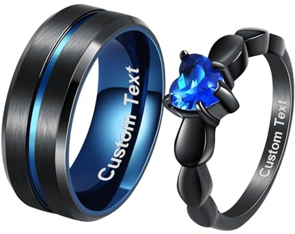 Wycian Anillo de corazón de piedra, alianzas de titanio bicolor, circonitas, anillo de compromiso, zafiro, alianzas azules y negras, 2 unidades, 6 mm/8 anillos de acero inoxidable, color negro, Damen