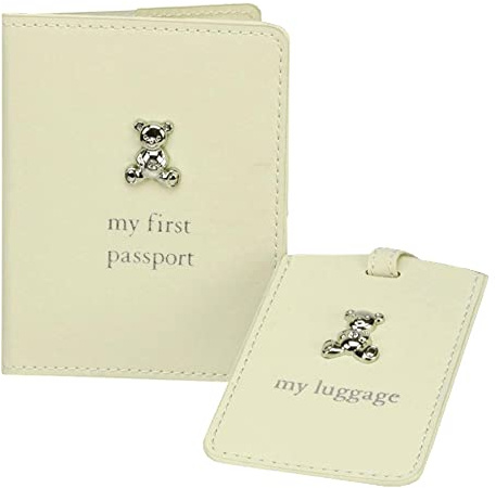 Widdle Gifts Ltd Baby's My First Passport Housse de passeport et étiquette de bagage Motif ours en peluche Crème 3227, crème, Taille unique