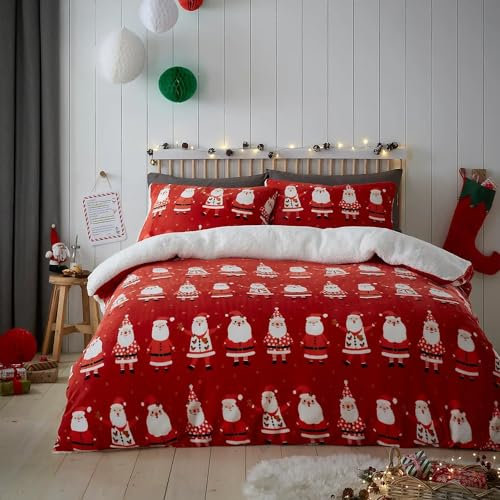 Bedlam Christmas Fleece Duvet Cover Double Bed Teddy Bear Reversible Xmas Bedding (200x200cm) – Santa Claus Design – 2 Pillowcases – Red Festive Bedding