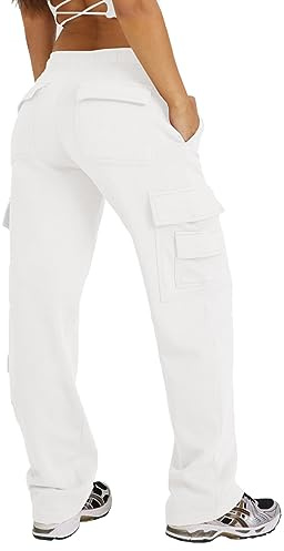 Waitfairy Wide Leg Sweatpants Women Cargo Pants for Girls High Waisted Baggy Sweatpants for Women Casual Pants with Pockets, White-new, S