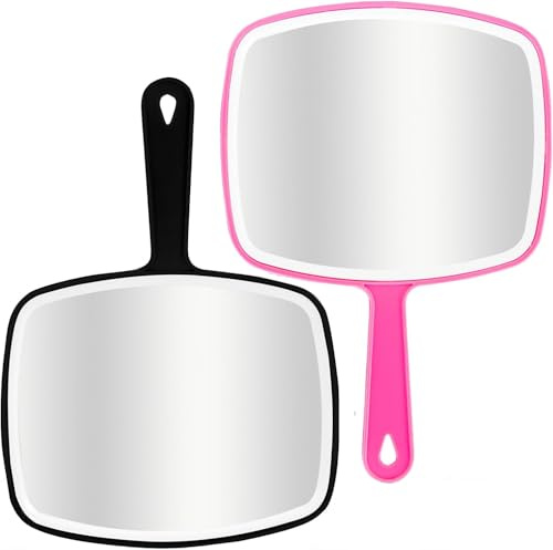 DVHOK 2 st Handspegel, 26.4L x 18.8B cm med handtag och upphängningshål, salong frisörspegel, Svart och Rosa
