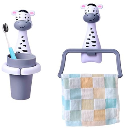 Jauhmui Tandborstmugg handdukshållare set för barn, tecknade djur tandborsthållare, tandborsthållare utan borrning, rengöringsmedel för spädbarn (zebra)