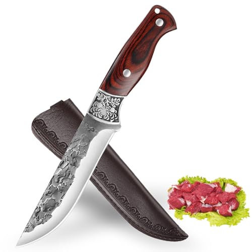 Fubinaty Couteau de Cuisine Forgé à la Main Full Tang - Outdoor High Carbon Steel pour Camping et Chasse - Manche en Bois avec Étui en Cuir