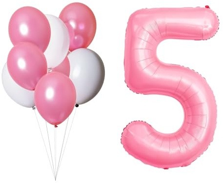 LAC Ballon 5 Ans Fille - 5 Pièces Ballons Anniversaire Rose et 3 Pièces Ballons Blanc - Chiffre Ballon Anniversaire Fille Gonflable