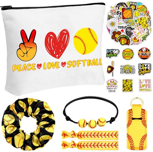 Seenelling 56 Pcs Softball Stuff Inspirational Gifts for Players Teams Cosmetic Bag Women Hair Ties Sport Lovers Gifts for Birthday Sport favors(Peace Love)