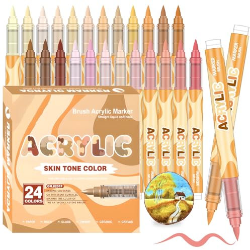 Feutre Acrylique Brush Marker – Set de 24 Couleurs Teintes Peau, Marqueur Peinture Acrylique à Pointe Pinceau pour Coloriage Adulte, Verre, Bois, et Autres Surfaces