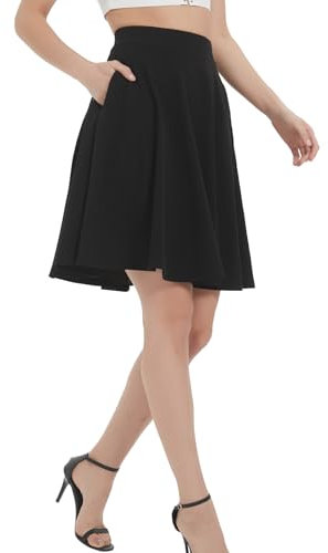 Soudittur Plisseerock Damen Basic Solid Midi-Rock Elegant Faltenrock Elastisch Hohe Taille Plisseerock Knielang Skater Rock mit Reißverschlusstasche (L, Schwarz-midi)