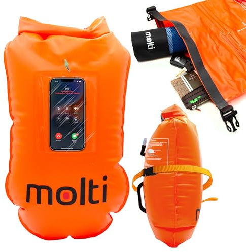 molti BA004 Bouée de natation gonflable 2 en 1 et sac sec 15 l 28 l avec poche pour téléphone portable pour adultes - Orange - Sécurité pour la natation en eau libre et le triathlon - Orange