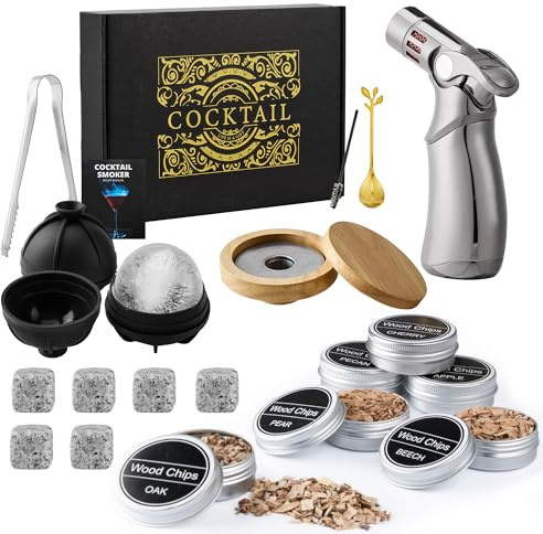 Cocktailrökare Set med Brännare (utan gas), 6 träflis, 6 granit whisky-stenar, 2 silikon isformar, tång – Present till män, pappa, jul, födelsedag, fars dag
