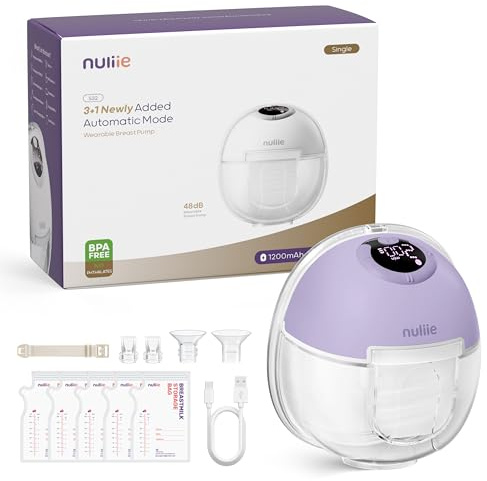 Nuliie Tiralatte elettrico portatile S32, pompa per latte elettrica a mani libere, 4 modalità, 9 livelli con flangia comoda da 18/21/24 mm, privata, con accessori di ricambio inclusi (1 pacco, viola)