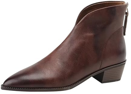 Momolaa UK 5 Women's Leather V-Cut Pointed Toe Chunky Stacked Heel Ankle Boots Fashion Back Zip Western Ankle Boots Dress Booties Footwear Coffee