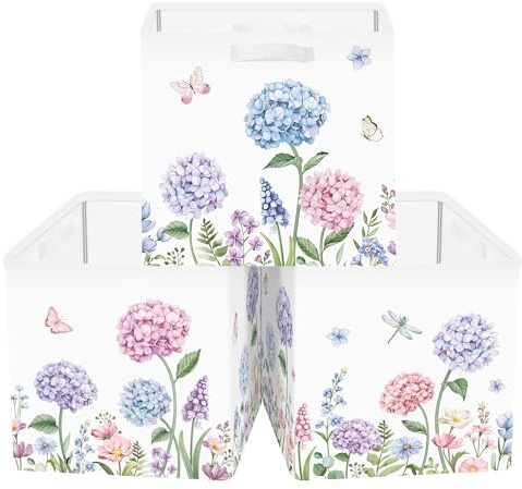 Clastyle Juego de 3 Caja Almacenaje Tela Flores Salvajes Cestas Almacenaje Ropa Padres y Madres para Juguetes Cestas Organizadoras Plegable para Armarios,Hortensia Morada,30x30x30 cm