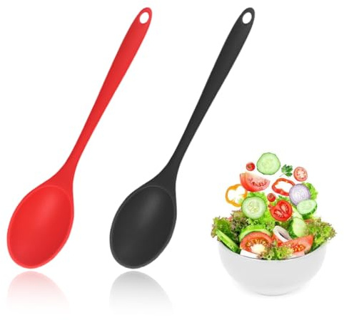 DOKRIN Set di 2 cucchiai da cucina in silicone, cucchiaio in silicone con manico lungo, padella antiaderente resistente al calore, adatto per cucinare, cuocere al forno, mescolare e servire