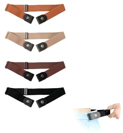 Sylkeov Pack de 4 cinturones elásticos sin hebilla para adultos y niños, Cinturones ajustables invisibles para niños y niñas, negro, marrón, beige y camello. Adaptados para edades de 3 a 15 años