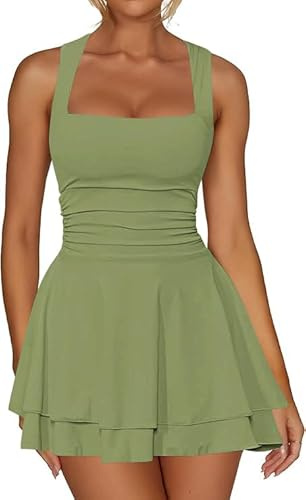 Sukiglam Vestido Mujer Sexy sin Manga Cuello Cuadrado Mini Vestidos de Tirantes Elegantes Dobles Capas Dobladillo con Volantes Vestido Corto Ajustado Verano A Line Vestidos para Fiesta Coctel Club