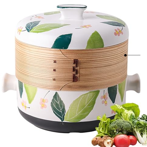 Casseruola in ceramica con cestello per cottura a vapore, 2,5 l, stile giapponese, con vaporiera in bambù naturale, per cucina domestica