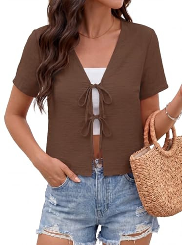 PrinStory Bolero Shrugs for Women Summer Short Sleeve Cropped Cardigans Causal Tie Front Lightweight Bolero Tops