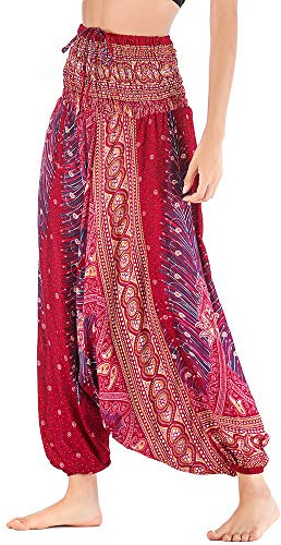 Nuofengkudu Women's Harem Fisherman Trousers Patterned Off The Shoulder Jumpsuit Baggy Romper High Waist Comfy Drop Crotch Pants Bohemian Summer Beach Loungewear(Wine Red Peacock,One Size)