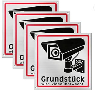 4 cartelli di videosorveglianza, 15 x 15 cm, per videosorveglianza, videosorveglianza, segnale di avvertimento e segnali di avvertimento, segnale di avvertimento per la sorveglianza della fotocamera,