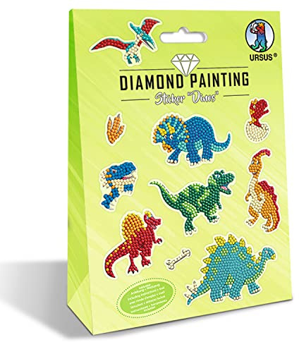 URSUS 43500009 - Diamond Painting Sticker Dinos, Set avec 2 Feuilles de Stickers de différents Designs, Pierres de Diamant, Picker, Cire et Bol, Instructions incluses