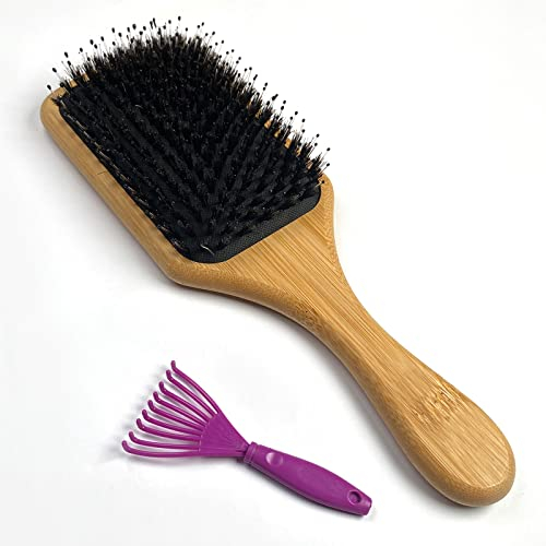 Firschoie Cepillo de pelo de cerdas de jabalí, Cepillo de paleta profesional de bambú, Para el peinado y acabado cabello, mejorando calidad del cabello, Adecuado para cabello largo, rizado y corto