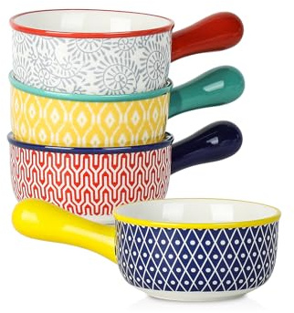 Selamica Ceramic Soup Crocks With Handles, 15 OZ French Onion Soup Bowls, Oven Safe Soup Bowls For Cereal, Stew, Chilli, Pot Pies, Baking, Microwave Dishwasher Safe, Set of 4, Assorted Colors