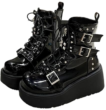 ZKXYFFS Womens Goth Ankle Booties Chunky High Heel Lace Up Zipper Combat Boots Punk Rivet Boots Motorcycle Platform Boots for Women